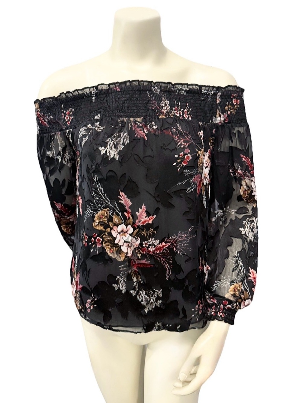 WHBM Black Floral Burnout Silk Off Shoulder Peasant Blouse XS - Picture 3 of 9